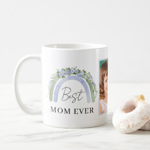 Taza De Café Boho Verde Sabio Flores Azules Aquarela Arcoíris