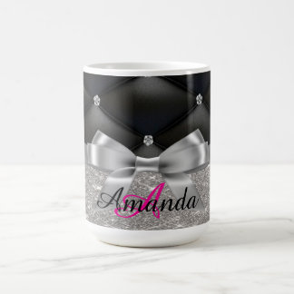 Taza De Café Bolsa electrónica de monograma negro purpurina pla