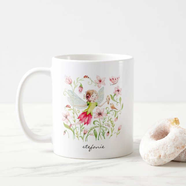 Taza De Café Bonito acuarela Hada y Flora Rosa (Con donut)