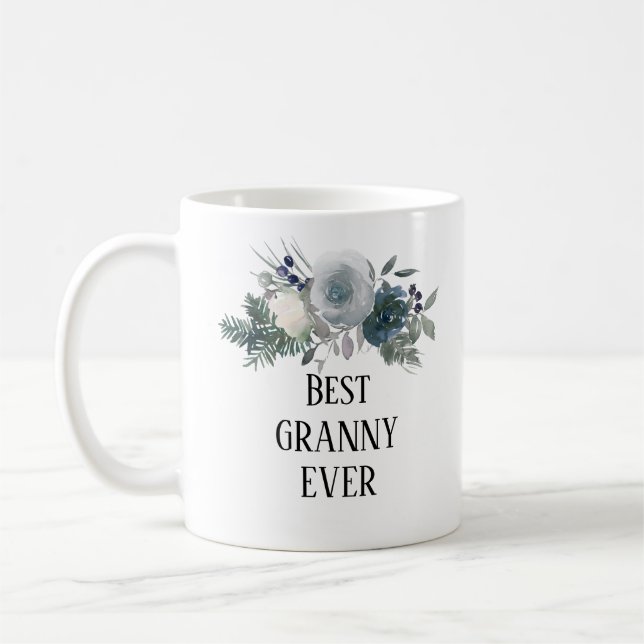 Taza De Café Bonito azul floral mejor abuela nunca (Izquierda)