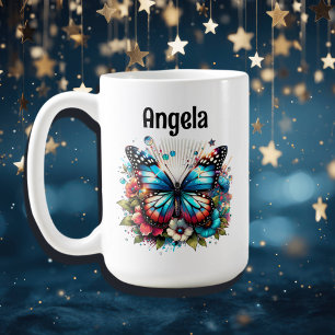 Taza De Café Bonito Azul mariposa y flores personalizadas