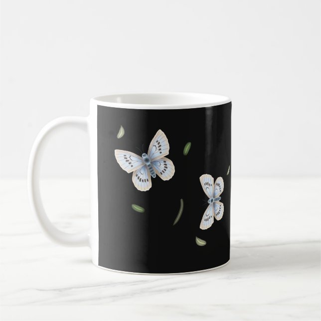 Taza De Café Bonito Azul y mariposas crema en negro violeta (Izquierda)