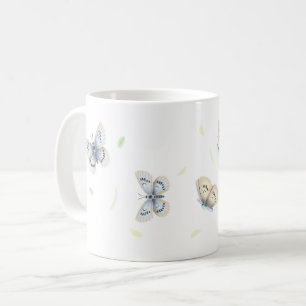 Taza De Café Bonito Azul y mariposas crema en vuelo