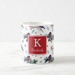 Taza De Café Bonito Bullfinches Vacaciones personalizadas Mug<br><div class="desc">Diseño pintado a mano,  con aletas,  ramas,  pinos y bayas. ¡Fácil de personalizar con su propio monograma! ¡Hace un gran regalo de Navidades!</div>