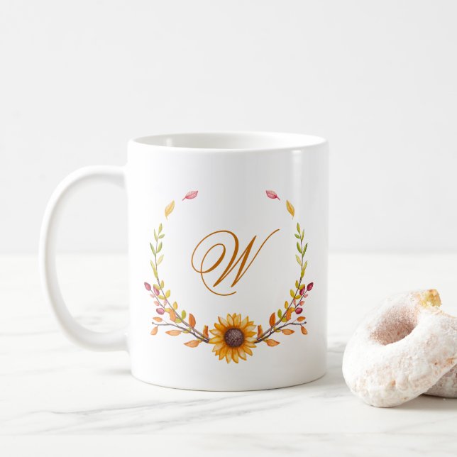 Taza De Café Bonito Caída Amarillo Girasol Bouquet Monograma (Con donut)