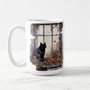 TAZA DE CAFÉ BONITO COLOR ACUÁTICO GATO NEGRO SENTADO EN LA VEN