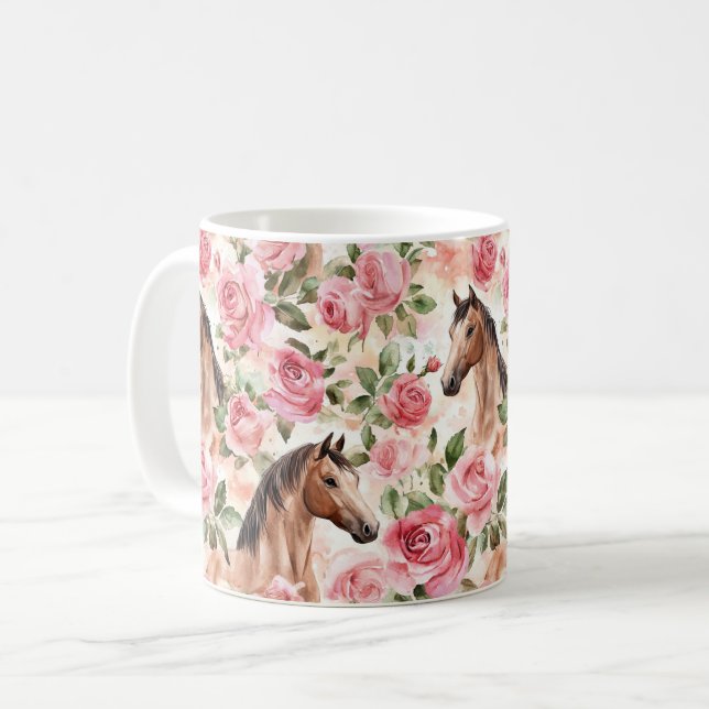 Taza De Café Bonito de Caballos Rosa Floral (Anverso izquierdo)