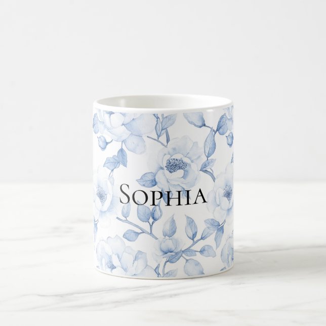 Taza De Café Bonito de moda Flores blancas azules (Centro)
