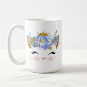 Taza De Café Bonito Feliz Kitty Blue Floral Gold Crown