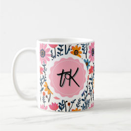 Taza De Café Bonito Flores Coloridas y caprichosas Monogramadas