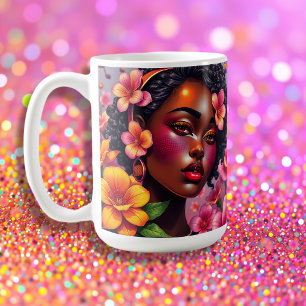 Taza De Café Bonito Lady of Color Pink Flowers Notas musicales