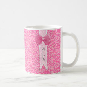 Taza De Café Bonito Medallero Rosa Damask Cute Bow Con Nombre