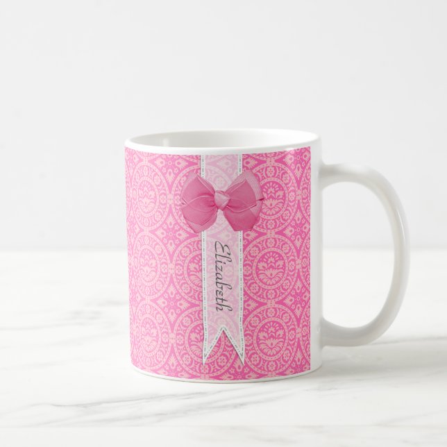 Taza De Café Bonito Medallero Rosa Damask Cute Bow Con Nombre (Derecha)