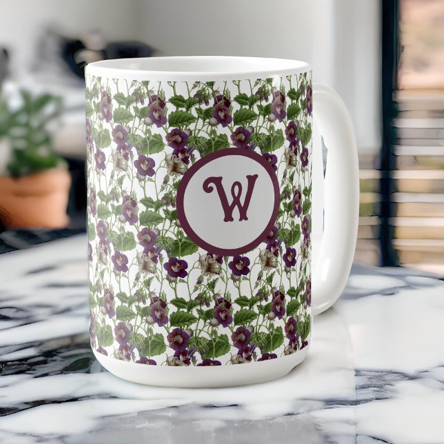 Taza De Café Bonito morado y blanco de cepas florales con inici (Subido por el creador)