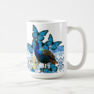 Taza De Café Bonito Peacock y mariposas azules