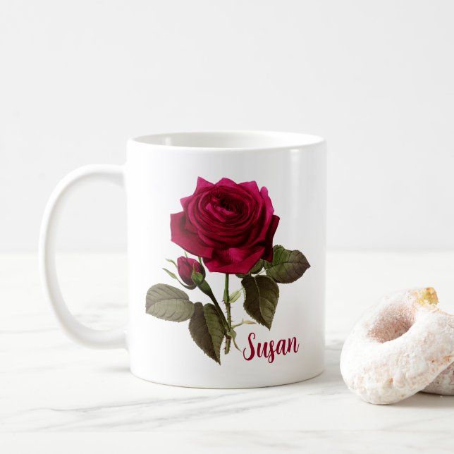 Taza De Café Bonito Rosa Flower Mug Name Susan - Editable (Con donut)