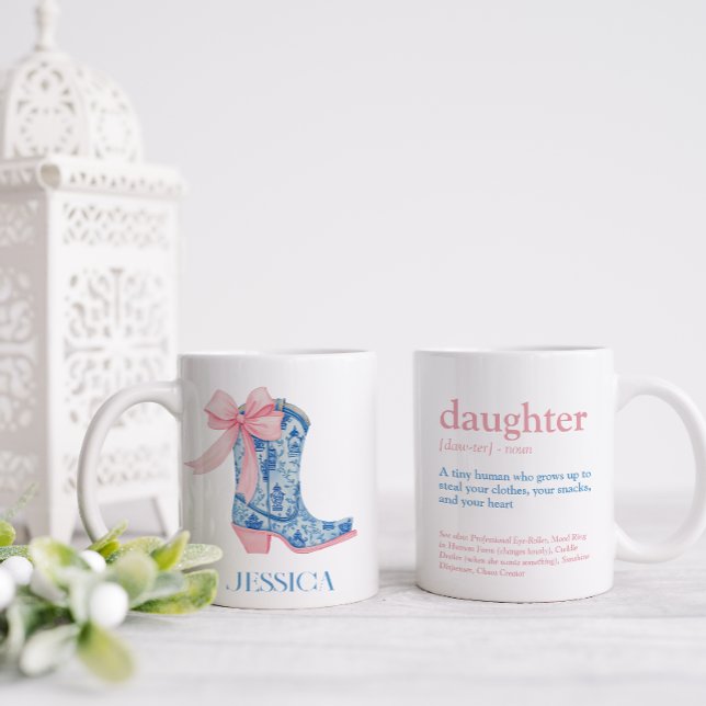 Taza De Café Bonito Rosa y Azul Chinoiserie Bow Daughter (Pretty and sassy this mug is two sided to give a funny definition of a daughter and a pretty image)