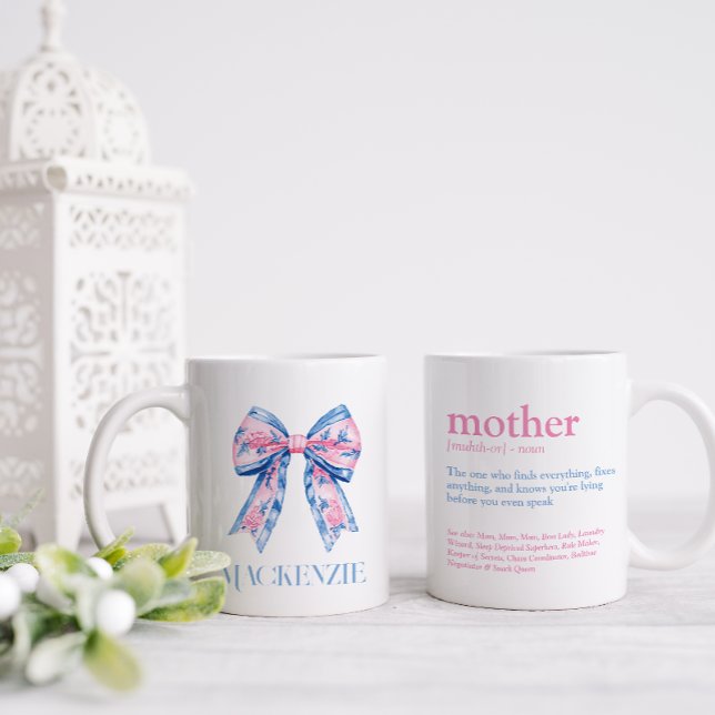 Taza De Café Bonito Rosa y Azul Chinoiserie Madre (Pretty double sided mug with mother definition on one side and bow and moms name on the other)