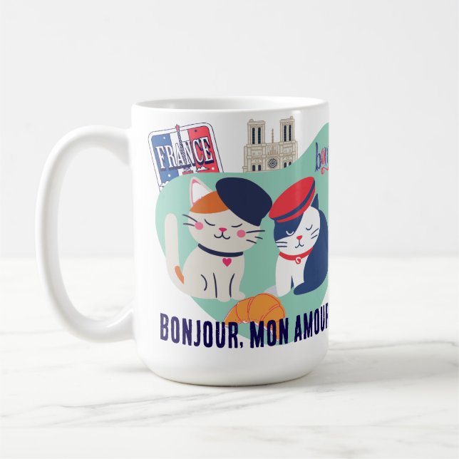 Taza De Café Bonjour Mon Amour | French Culture Cats Gift (Izquierda)