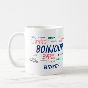 Taza De Café Bonjour Muchos idiomas nombre de viaje