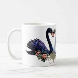 Taza De Café Bono eterno, cisnes negros y blancos enamorados.