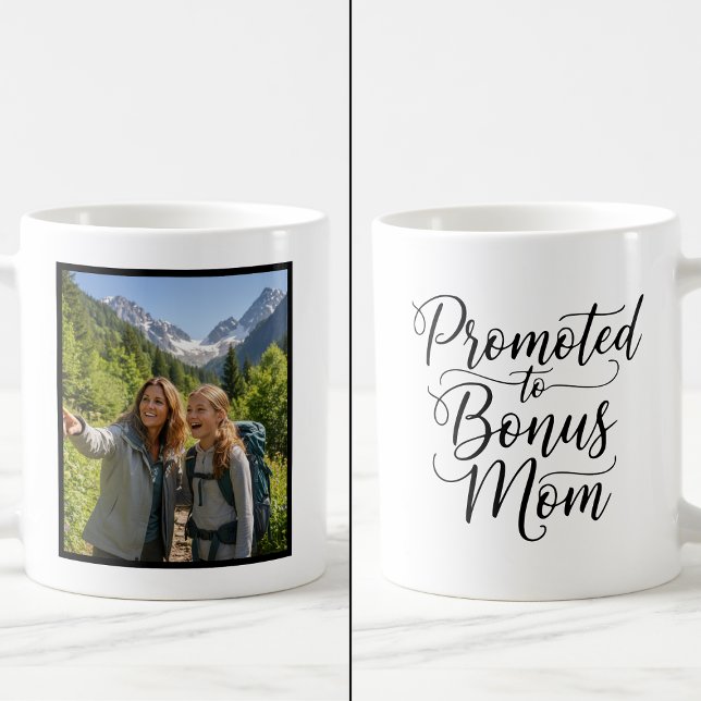 Taza De Café Bonus Mom Promoted Elegant Cursive Custom 1 Photo (Subido por el creador)