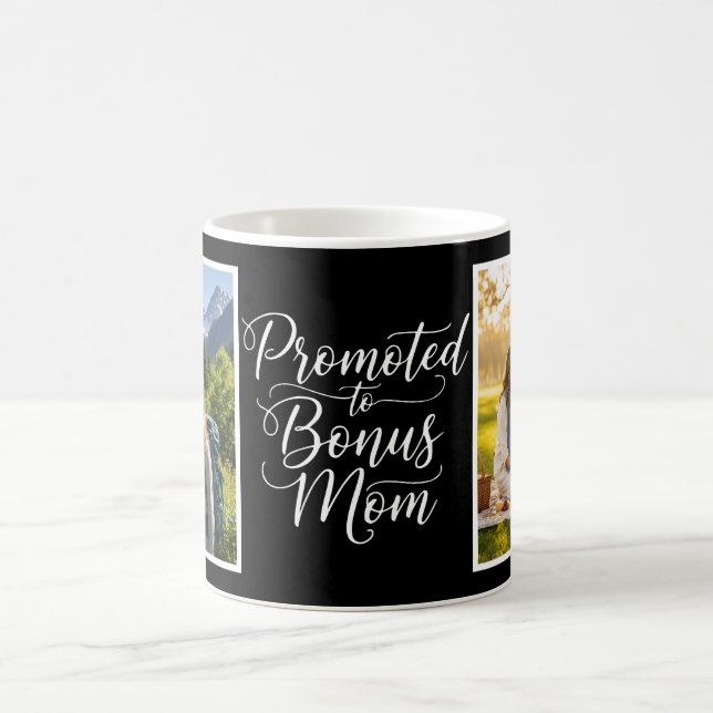 Taza De Café Bonus Mom Promoted Elegant Cursive Two Photo Black (Centro)