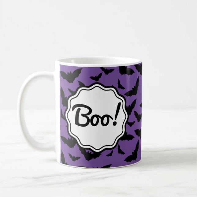 Taza De Café ¡Boo! Black Bat de Halloween púrpura personalizado (Izquierda)