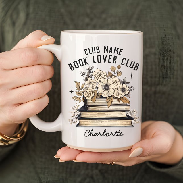 Taza De Café Book Lover Club Boho Mug, regalo de nombre persona (book lover mug, personalized mug, custom name mug, book flowers mug, boho mug, student gift mug)