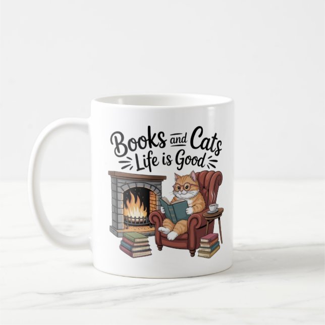Taza De Café Books And Cats Life Is Good Funny Coffee Mug Cat L (Izquierda)