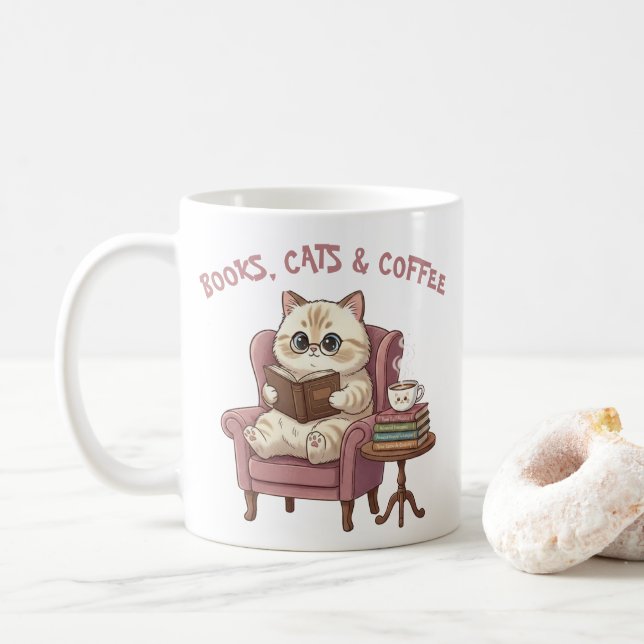 Taza De Café Books, Cats & Coffee Cute Cat Lover Mug (Con donut)