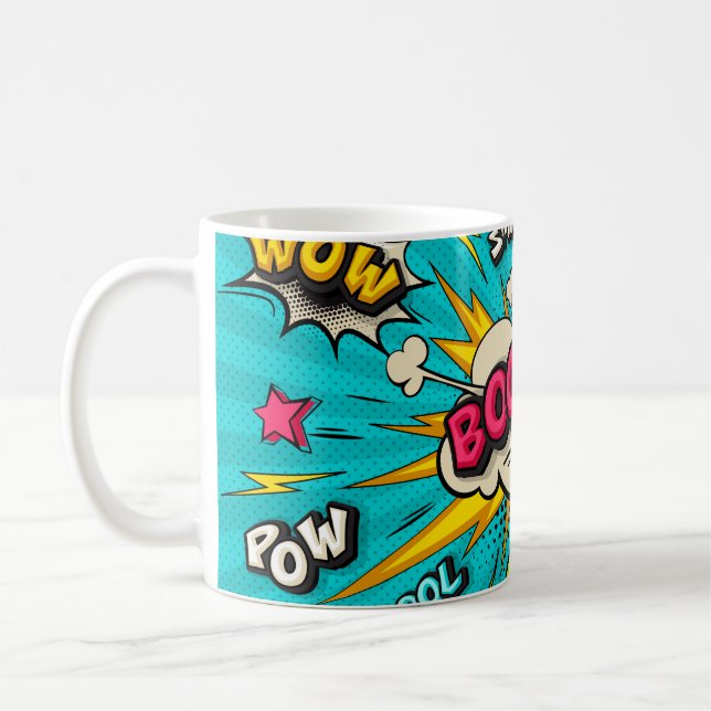 Taza De Café Boom burbuja de arte pop. Sonría, guau, pow, cool, (Izquierda)