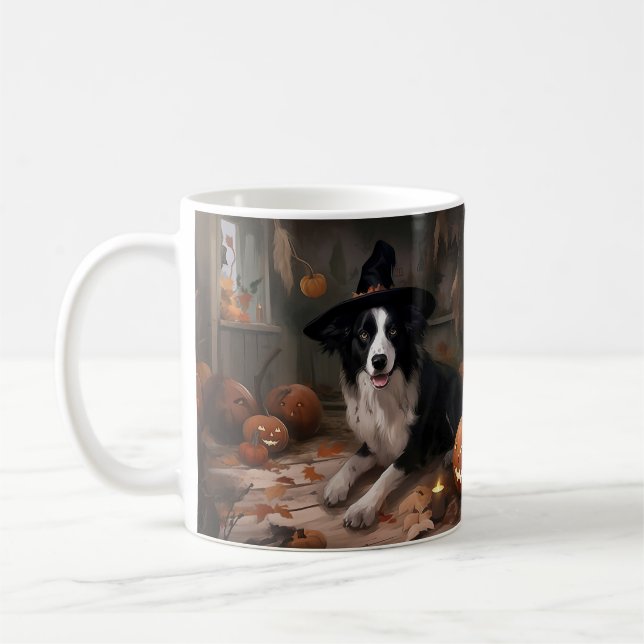 Taza De Café Borde de Collie Pumpkins Halloween Scary (Izquierda)
