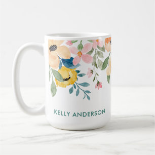 Taza De Café Borde Floral Acuarela Botánica Gris Rosa Melocotón