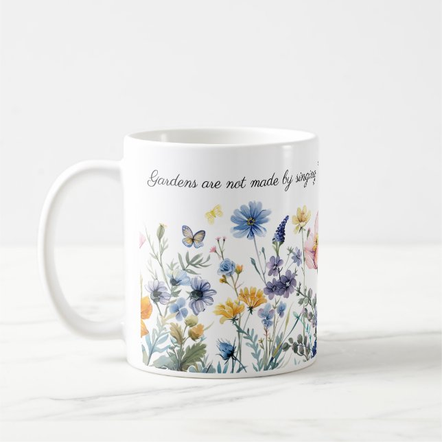 Taza De Café Borde floral acuarela, cita del jardín de Kipling (Izquierda)
