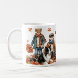 Taza De Café Border Collie y niños de otoño