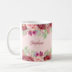 Taza De Café Borgoña Rubor Floral Watercolor Monograma