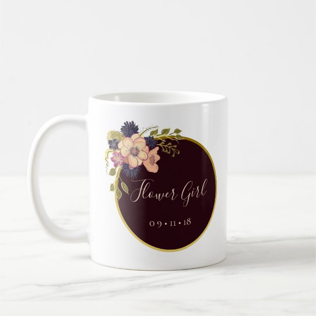 Taza De Café Borgoña y Rubor , acuarela , niña flor (Izquierda)