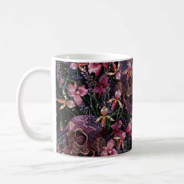 Taza De Café Borroideria calavera humana y flores de orquídea r (Izquierda)
