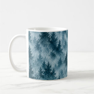 Taza De Café Bosque de Pino Azul Brumoso Patrón de Acuarela