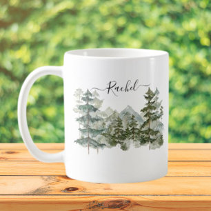 Taza De Café Bosque de Pino en Acuarela y Estética de Montaña
