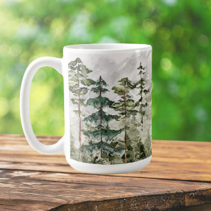 Taza De Café Bosque de Pinos Verdes Acuarela en la Montaña