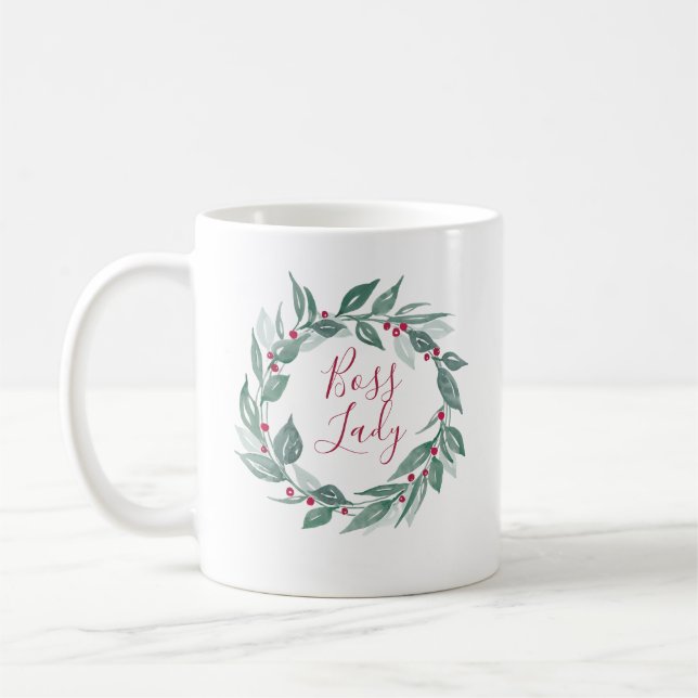 Taza De Café Boss Lady Boho Greenery Wreath Red Berries Holiday (Izquierda)