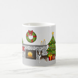 Taza De Café Boston Terrier Atigrado En Una Habitación Festiva