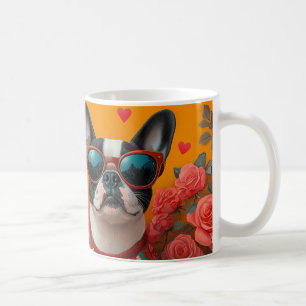 Taza De Café Boston Terrier con El día de San Valentín de Rosas