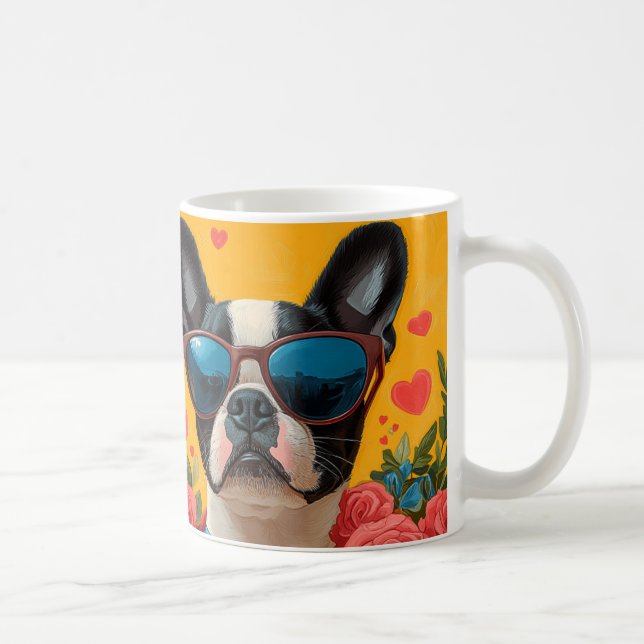 Taza De Café Boston Terrier con El día de San Valentín de Rosas (Derecha)