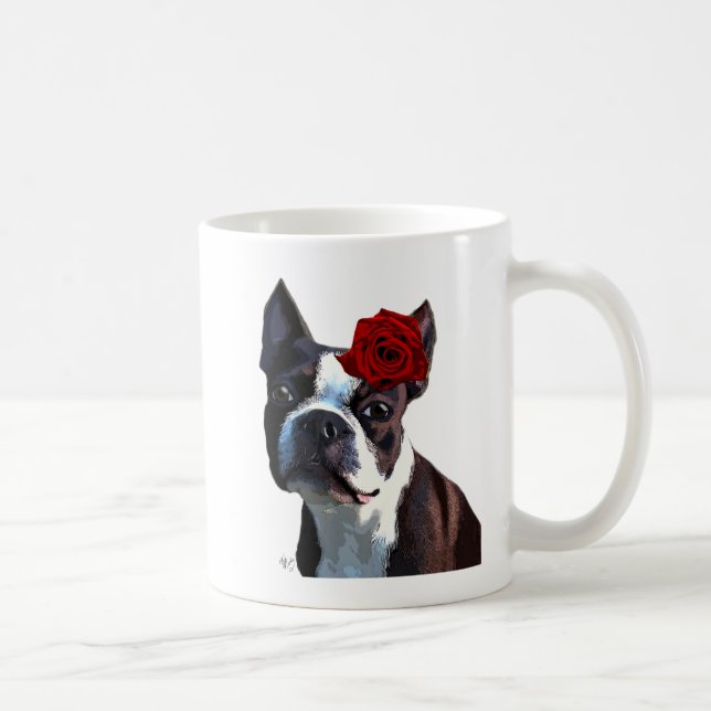 Taza De Café Boston Terrier con Rosa en la cabeza (Derecha)