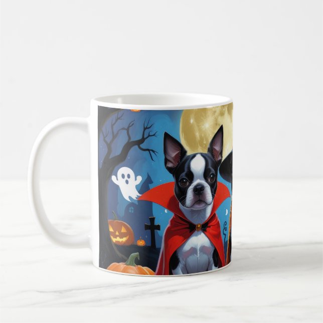 Taza De Café Boston Terrier Dogs Calabaza Halloween Funny (Izquierda)