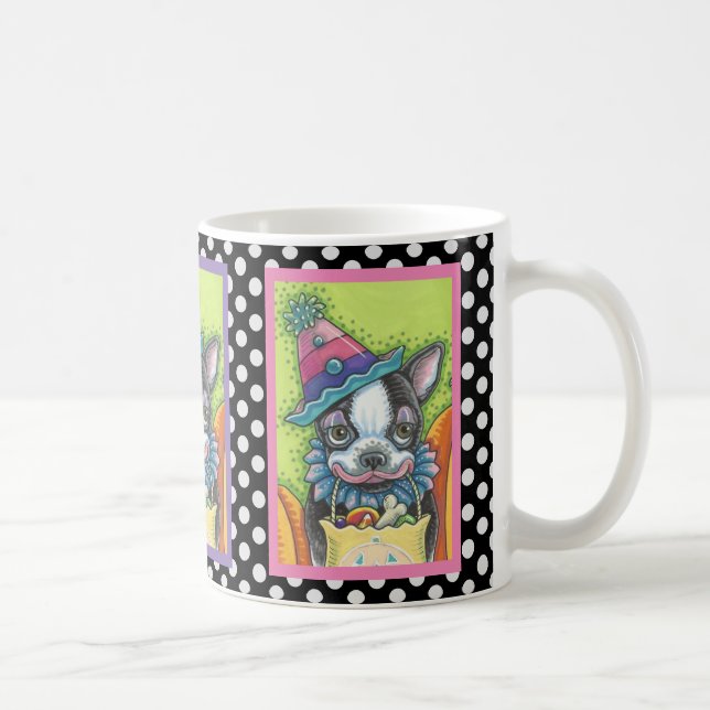 TAZA DE CAFÉ BOSTON TERRIER HALLOWEEN COLOWN, CLASICA MUG DE PE (Derecha)