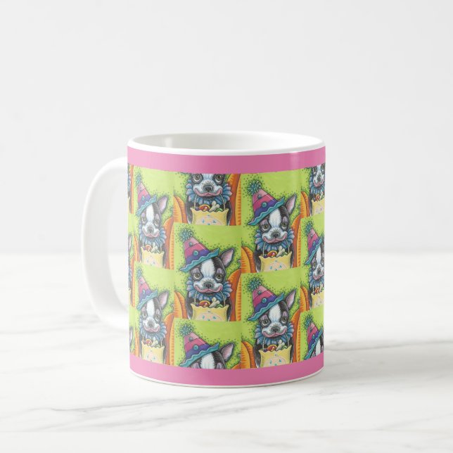 Taza De Café BOSTON TERRIER HALLOWEEN COLOWN, DOG MUG Pink (Anverso izquierdo)